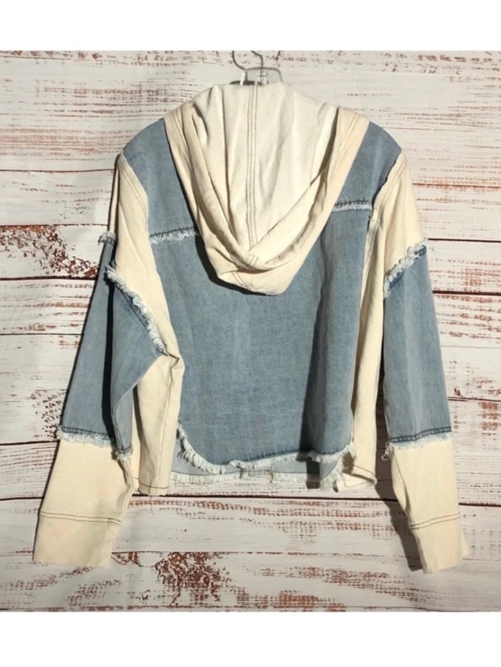 New Easel Two Tone Denim Cream Terry Hooded Jacket Small Lightweight Frayed Hem - Picture 2 of 5